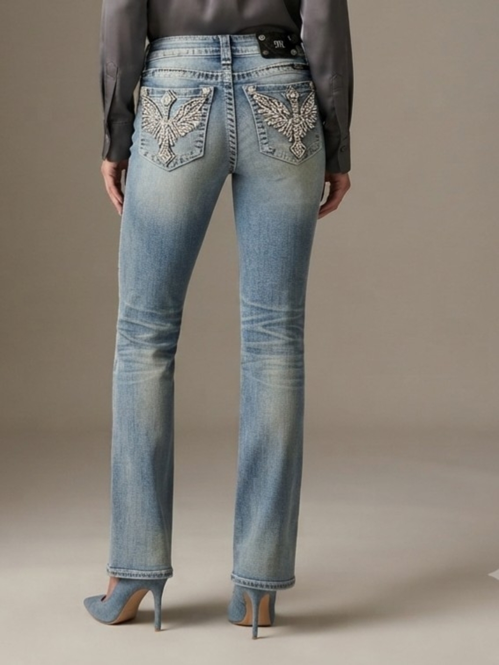 Miss Me Light Blue Embellished Back-Pocket Bootcut Jeans Size 31